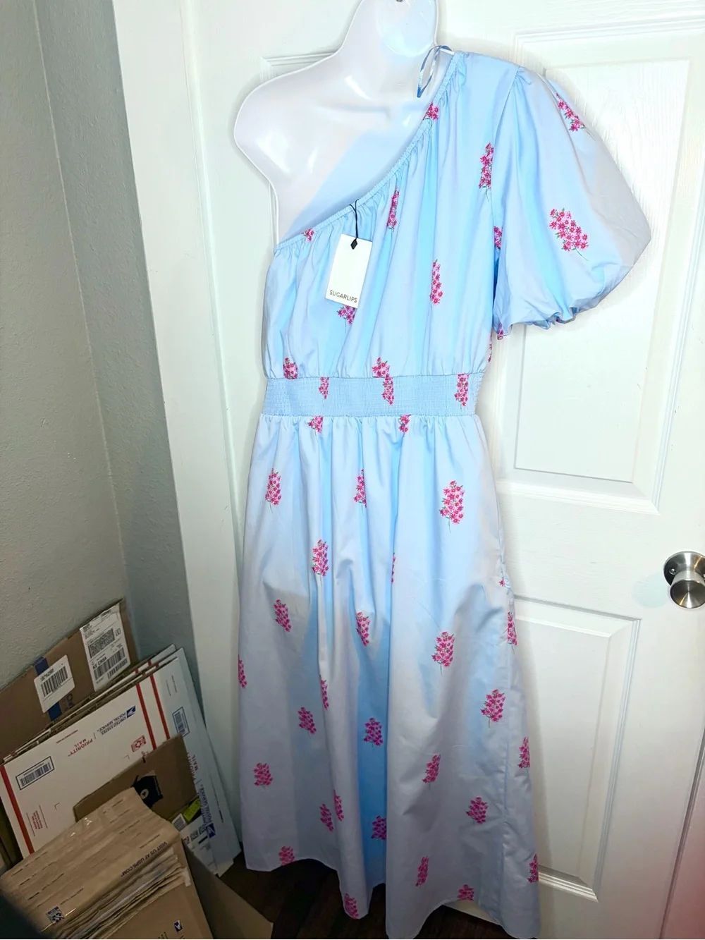 SUGARLIPS Gelato Baby Blue Pink Floral Bridgette Cotton One Shoulder Midi Dress - Picture 11 of 13